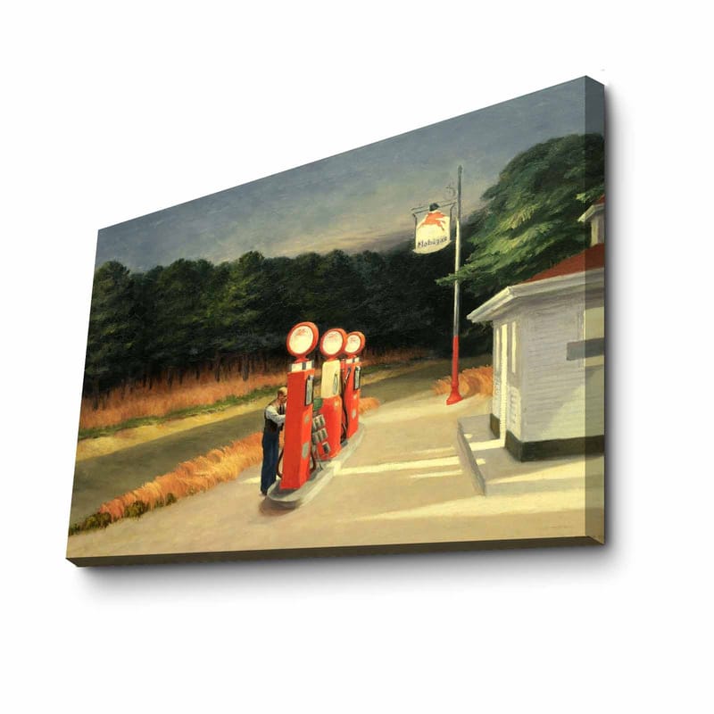 Canvastavla 70x100 cm - Nostalgisk bensinstation med vintage pumpar i en naturskön miljö - Röd / Grön / Blå - Inredning & dekor - Tavlor & konst - Canvastavla