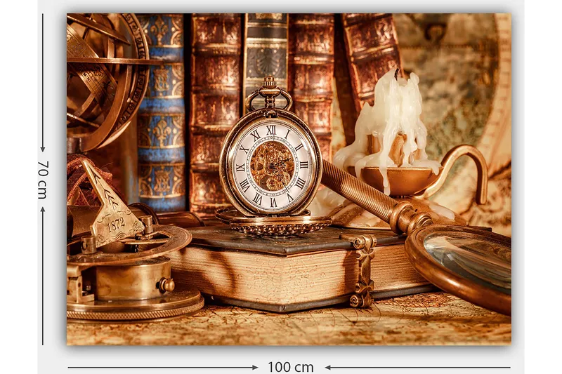 Canvastavla 70x100 cm - Nostalgisk samling av antika föremål inklusive en fickur, böcker och en ljusstake - Guld / Brunt / Beige - Inredning & dekor - Tavlor & konst - Canvastavla