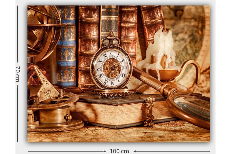 Canvastavla 70x100 cm - Nostalgisk samling av antika föremål inklusive en fickur, böcker och en ljusstake - Guld / Brunt / Beige - Inredning & dekor - Tavlor & konst - Canvastavla