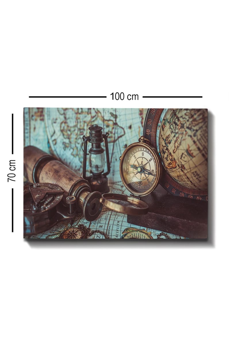 Canvastavla 70x100 cm - Nostalgisk samling av navigationsverktyg och en gammal karta - Brun / Guld / Grön - Inredning & dekor - Tavlor & konst - Canvastavla