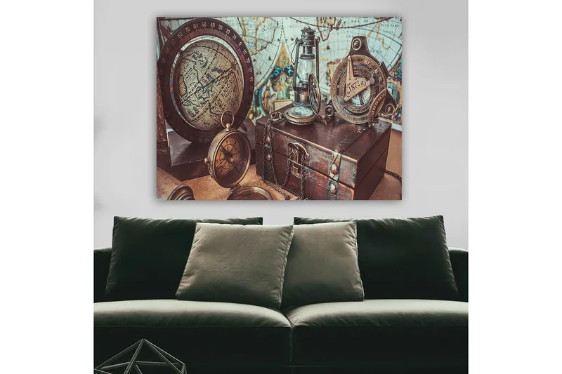Canvastavla 70x100 cm - Nostalgisk samling av navigationsverktyg och en glob som framhäver äventyr och upptäcktsresande - Brunt / Guld / Blått - Inredning & dekor - Tavlor & konst - Canvastavla