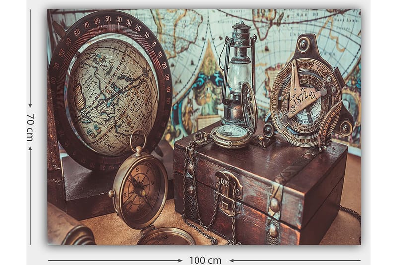 Canvastavla 70x100 cm - Nostalgisk samling av navigationsverktyg och en glob som framhäver äventyr och upptäcktsresande - Brunt / Guld / Blått - Inredning & dekor - Tavlor & konst - Canvastavla