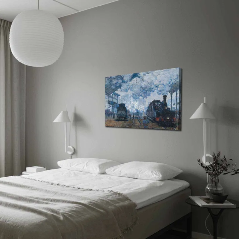 Canvastavla 70x100 cm - Nostalgisk skildring av en tågstation med ånglok och människor i rörelse, Blå / Grå / Brun