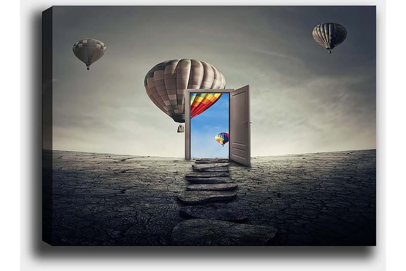 Canvastavla 70x100 cm - Öppen dörr som leder till en färgglad himmel med varmluftsballonger som svävar över en karg landskap - Grå / Beige / Röd - Inredning & dekor - Tavlor & konst - Canvastavla