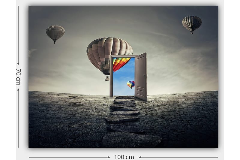 Canvastavla 70x100 cm - Öppen dörr som leder till en färgglad himmel med varmluftsballonger som svävar över en karg landskap - Grå / Beige / Röd - Inredning & dekor - Tavlor & konst - Canvastavla