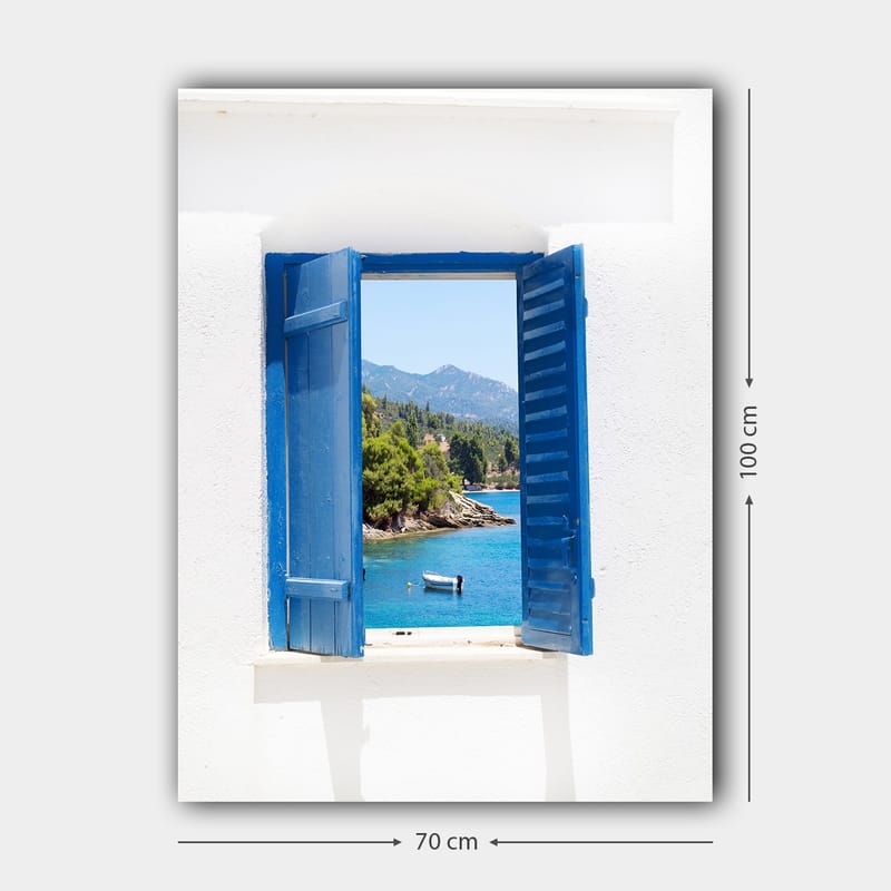 Canvastavla 70x100 cm - Öppen fönsterlucka som ger en vy över en blå sjö och omgivande grönska - Blå / Grön / Vit - Inredning & dekor - Tavlor & konst - Canvastavla