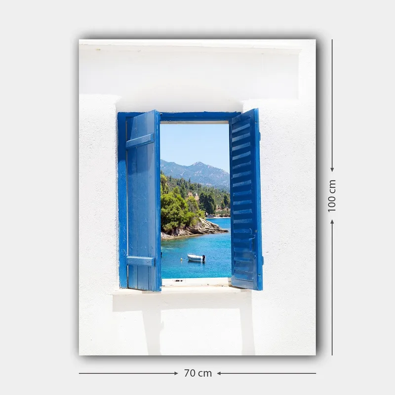 Canvastavla 70x100 cm - Öppen fönsterlucka som ger en vy över en blå sjö och omgivande grönska - Blå / Grön / Vit - Inredning & dekor - Tavlor & konst - Canvastavla