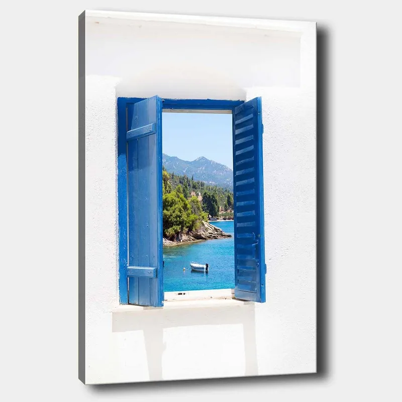 Canvastavla 70x100 cm - Öppen fönsterlucka som ger en vy över en blå sjö och omgivande grönska, Blå / Grön / Vit