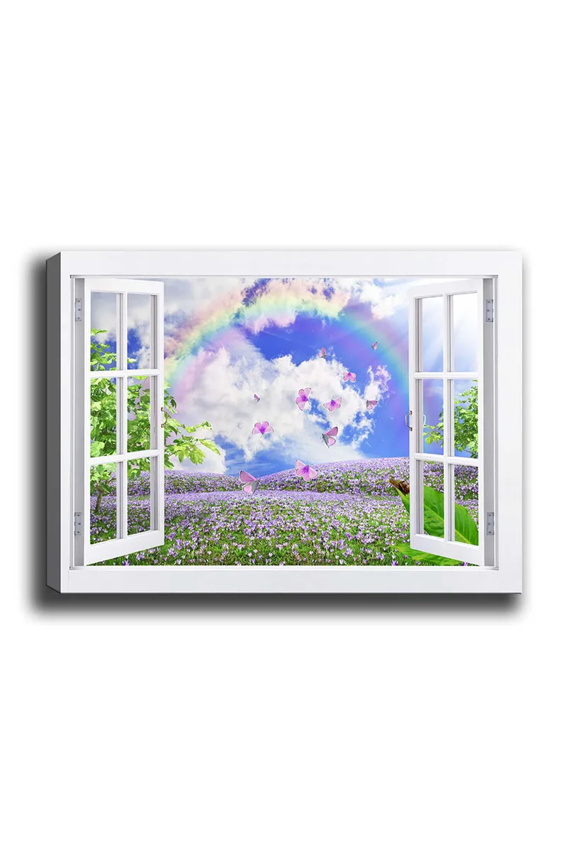 Canvastavla 70x100 cm - Öppen fönsterutsikt med en blomstrande äng, fjärilar och en regnbåge under en blå himmel, Lila / Grön / Blå
