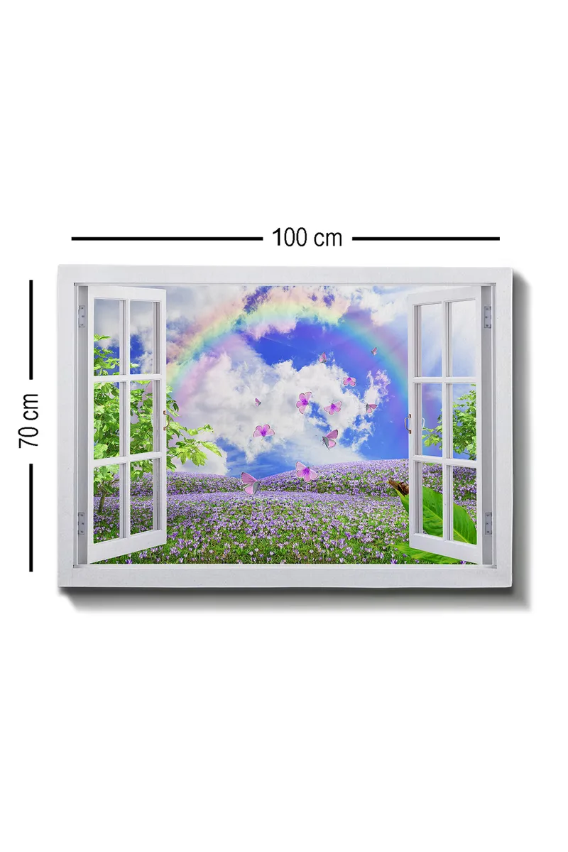 Canvastavla 70x100 cm - Öppen fönsterutsikt med en blomstrande äng, fjärilar och en regnbåge under en blå himmel - Lila / Grön / Blå - Inredning & dekor - Tavlor & konst - Canvastavla
