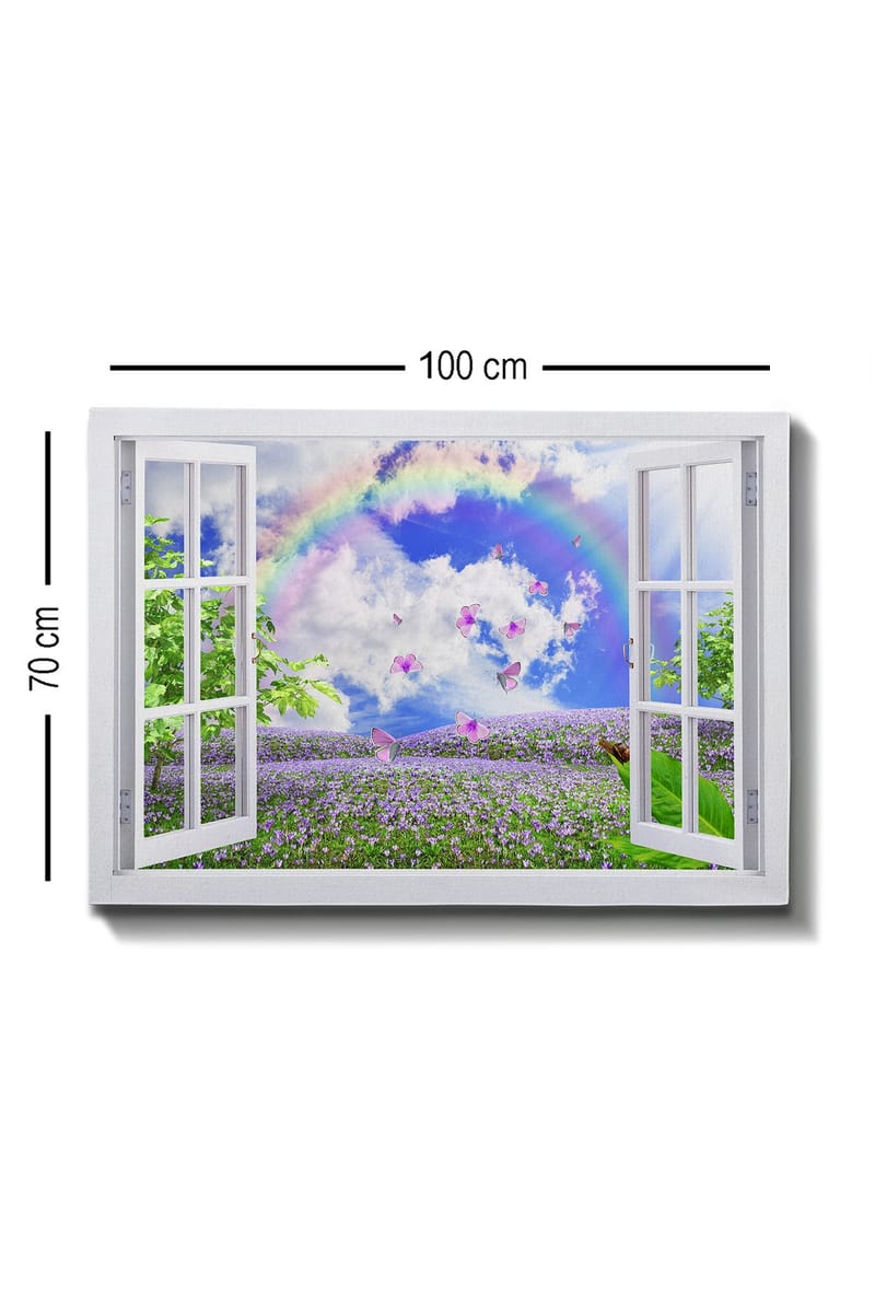 Canvastavla 70x100 cm - Öppen fönsterutsikt med en blomstrande äng, fjärilar och en regnbåge under en blå himmel - Lila / Grön / Blå - Inredning & dekor - Tavlor & konst - Canvastavla