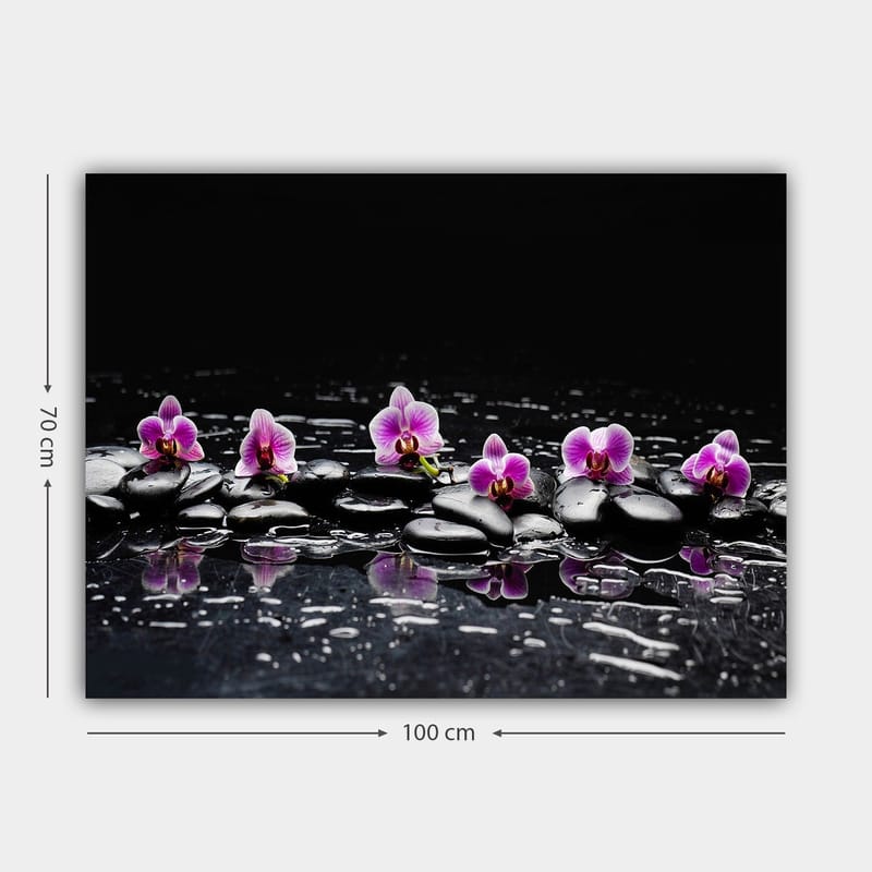 Canvastavla 70x100 cm - Rad av lila orkidéer som vilar på svarta stenar med reflektioner i vatten - Lila / Svart - Inredning & dekor - Tavlor & konst - Canvastavla