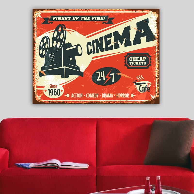 Canvastavla 70x100 cm - Retro affisch med en filmkamera som symboliserar biografens värld - Röd / Svart / Beige - Inredning & dekor - Tavlor & konst - Canvastavla