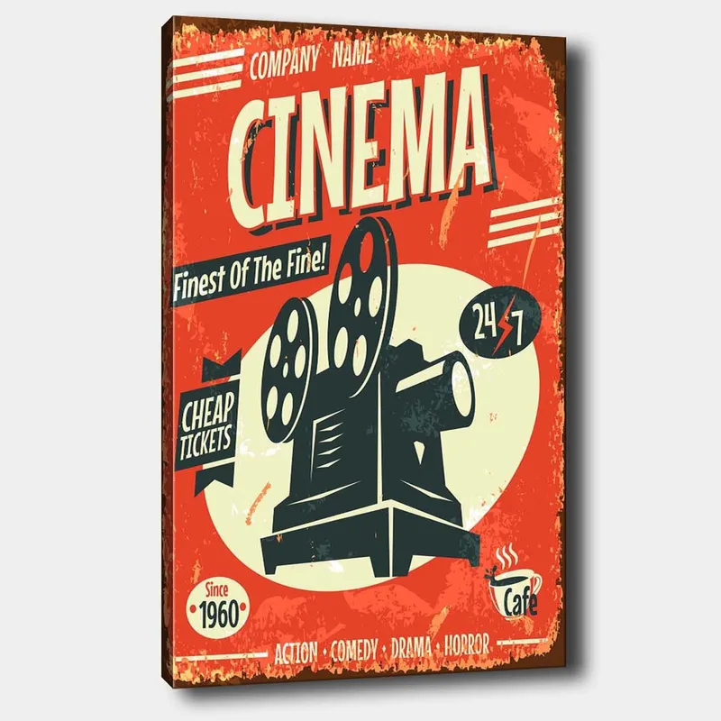 Canvastavla 70x100 cm - Retro affisch som framhäver en filmprojektor med text om biobiljetter och öppettider - Röd / Svart / Vit - Inredning & dekor - Tavlor & konst - Canvastavla