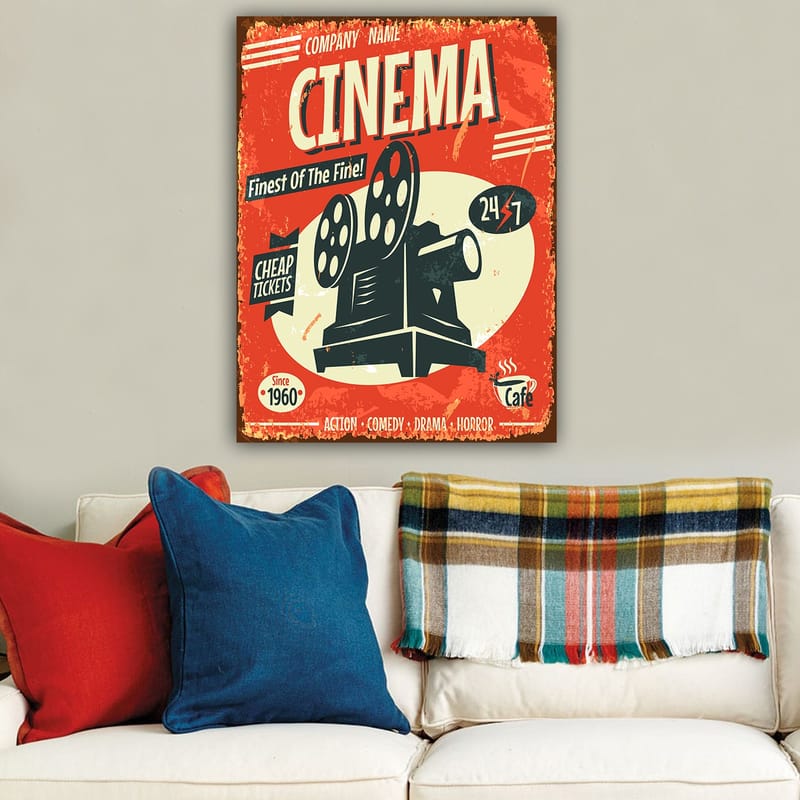 Canvastavla 70x100 cm - Retro affisch som framhäver en filmprojektor med text om biobiljetter och öppettider - Röd / Svart / Vit - Inredning & dekor - Tavlor & konst - Canvastavla