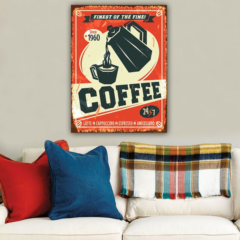 Canvastavla 70x100 cm - Retroaffisch med en kaffekanna som häller kaffe i en kopp - Röd / Svart / Beige - Inredning & dekor - Tavlor & konst - Canvastavla