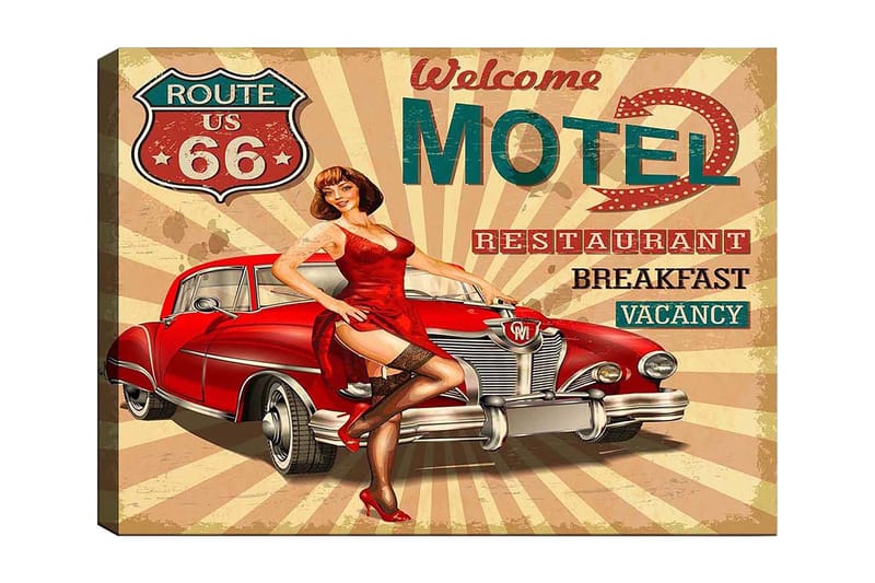 Canvastavla 70x100 cm - Retroinspirerad affisch med en kvinna i röd klänning som poserar vid en klassisk röd bil - Röd / Svart / Beige - Inredning & dekor - Tavlor & konst - Canvastavla