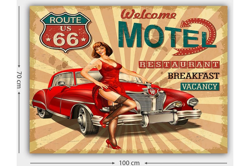 Canvastavla 70x100 cm - Retroinspirerad affisch med en kvinna i röd klänning som poserar vid en klassisk röd bil - Röd / Svart / Beige - Inredning & dekor - Tavlor & konst - Canvastavla
