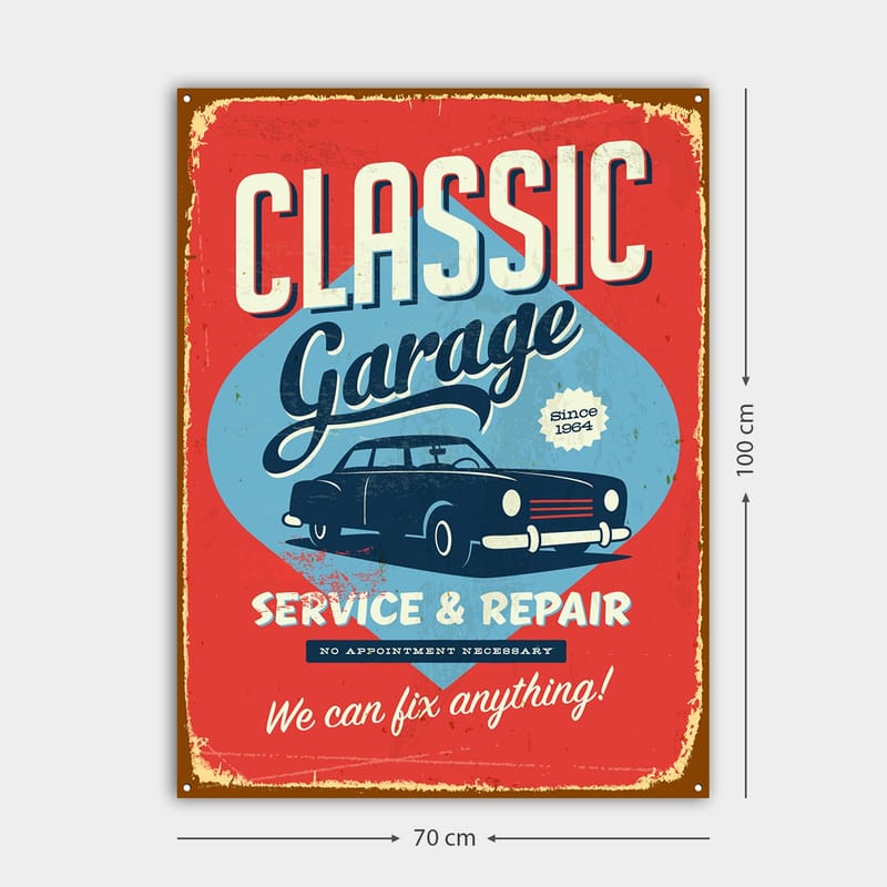Canvastavla 70x100 cm - Retroinspirerad skylt med en klassisk bil och text för garageverksamhet - Röd / Blå / Svart - Inredning & dekor - Tavlor & konst - Canvastavla