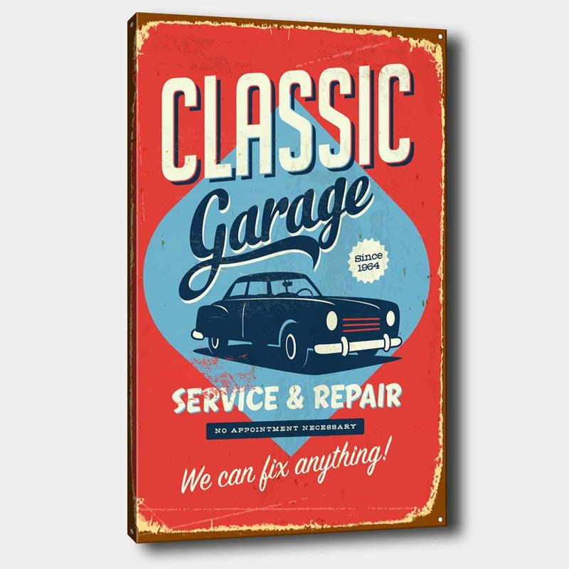 Canvastavla 70x100 cm - Retroinspirerad skylt med en klassisk bil och text för garageverksamhet, Röd / Blå / Svart