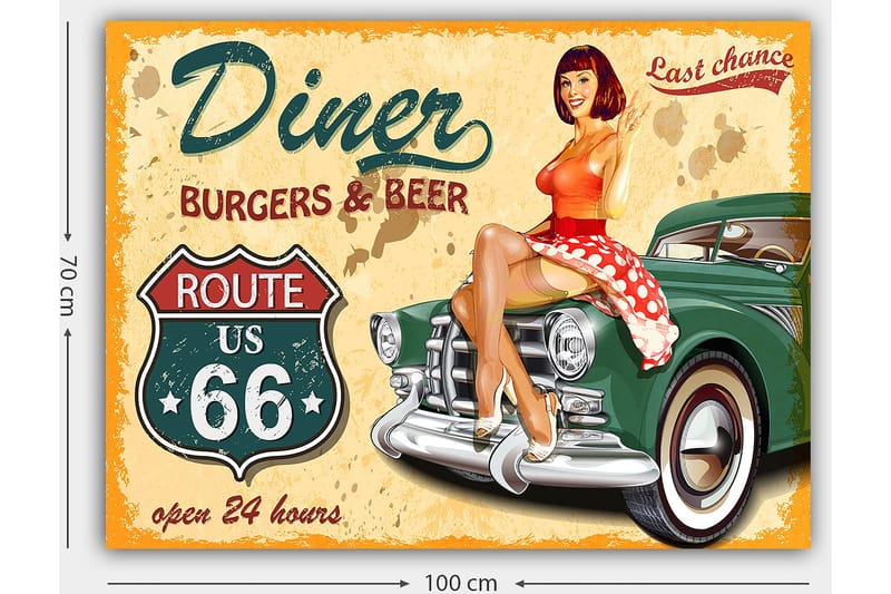 Canvastavla 70x100 cm - Retroinspirerad tavla med en kvinna i röd klänning med vita prickar som sitter på en vintage bil vid en diner - Röd / Grön / Beige - Inredning & dekor - Tavlor & konst - Canvastavla
