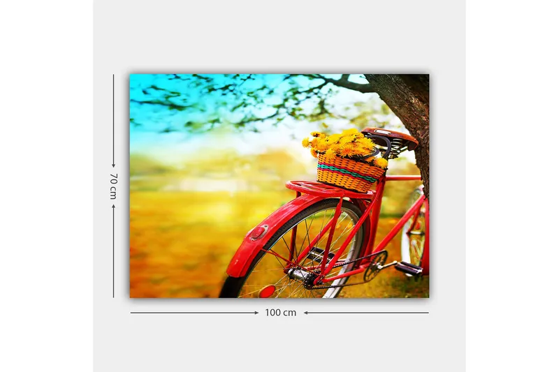 Canvastavla 70x100 cm - Röd cykel med en korg fylld av gula blommor - Röd / Gul / Grön - Inredning & dekor - Tavlor & konst - Canvastavla