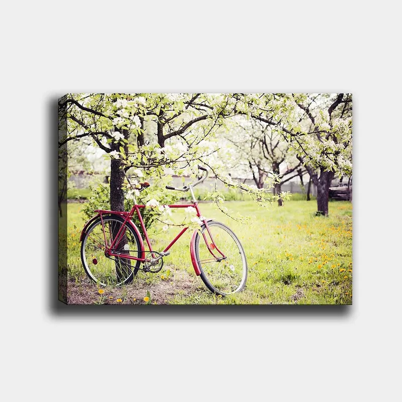 Canvastavla 70x100 cm - Röd cykel stående under blommande träd i en grönskande miljö - Röd / Grön / Vit - Inredning & dekor - Tavlor & konst - Canvastavla