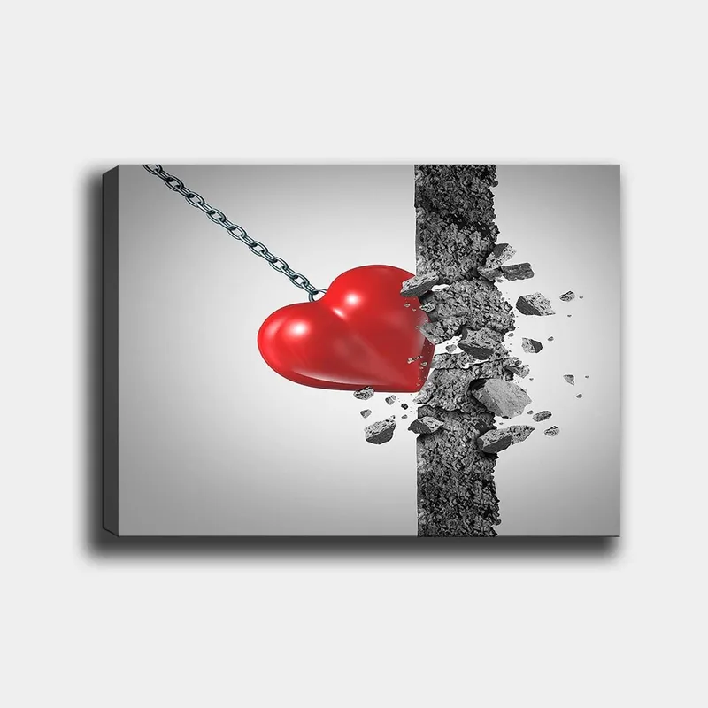 Canvastavla 70x100 cm - Röd hjärta som slår igenom en betongvägg, Röd / Grå