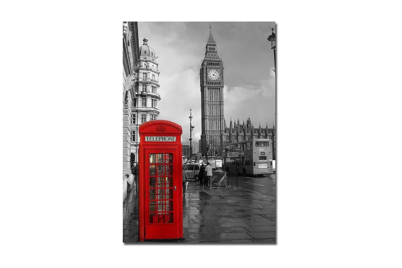 Canvastavla 70x100 cm - Röd telefonkiosk framför den ikoniska Big Ben i en svartvit stadsmiljö, Röd / Svart