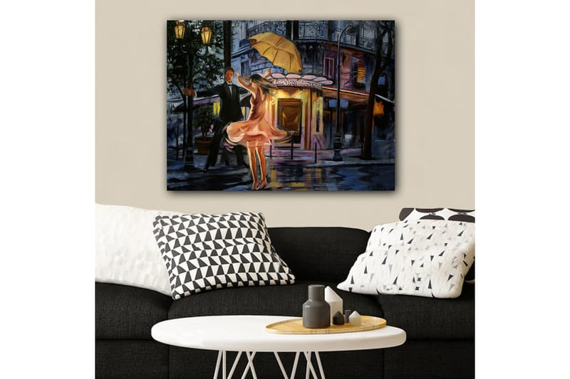 Canvastavla 70x100 cm - Romantisk dansande par under ett paraply i regnet - Rosa / Svart / Gult - Inredning & dekor - Tavlor & konst - Canvastavla