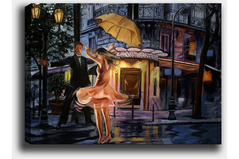 Canvastavla 70x100 cm - Romantisk dansande par under ett paraply i regnet - Rosa / Svart / Gult - Inredning & dekor - Tavlor & konst - Canvastavla