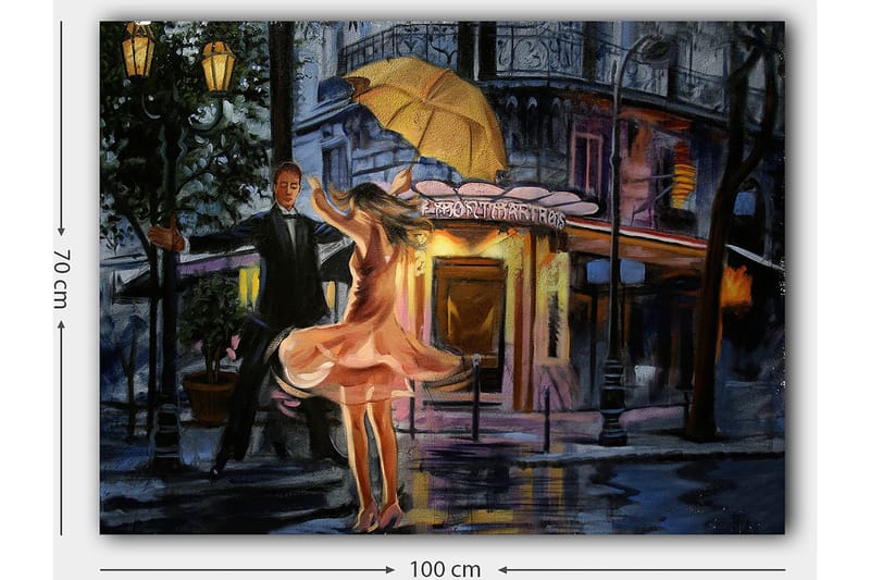 Canvastavla 70x100 cm - Romantisk dansande par under ett paraply i regnet - Rosa / Svart / Gult - Inredning & dekor - Tavlor & konst - Canvastavla