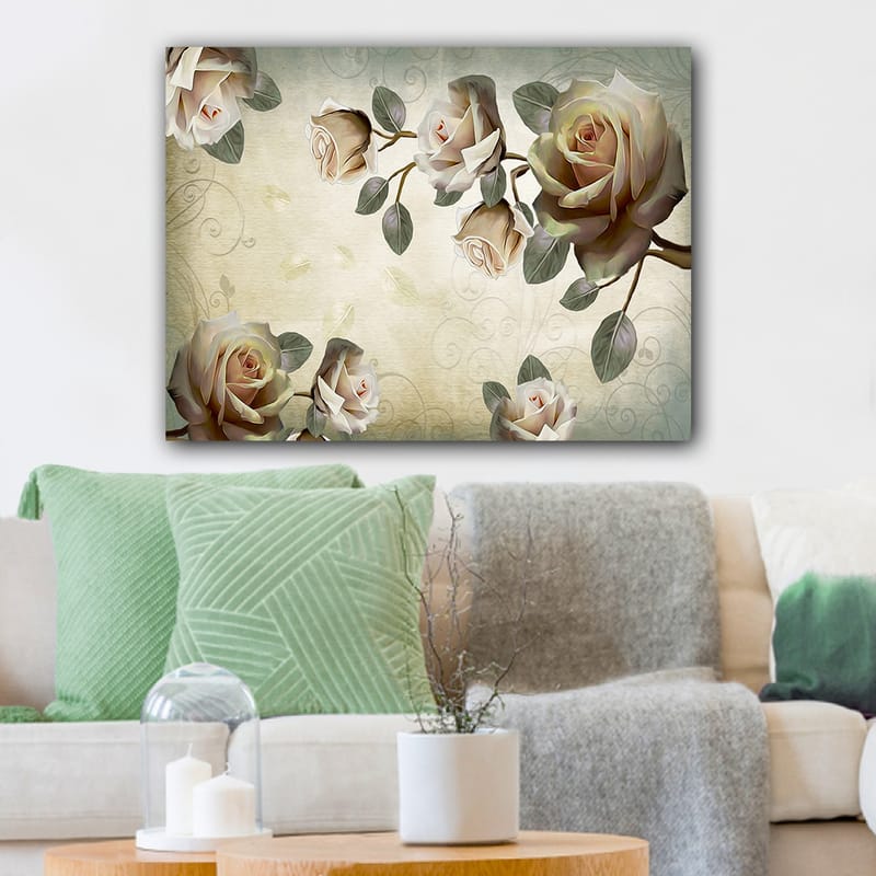 Canvastavla 70x100 cm - Romantisk komposition av rosor i mjuka nyanser som symboliserar skönhet och kärlek - Ljusrosa / Grön / Beige - Inredning & dekor - Tavlor & konst - Canvastavla
