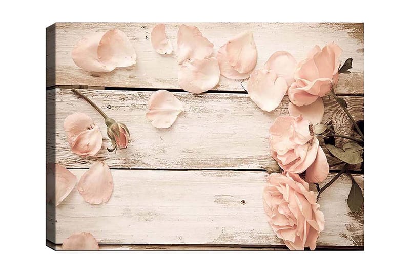 Canvastavla 70x100 cm - Romantisk komposition av rosor och rosenblad på en träyta - Ljusrosa / Grön - Inredning & dekor - Tavlor & konst - Canvastavla