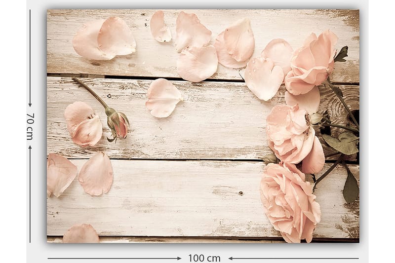Canvastavla 70x100 cm - Romantisk komposition av rosor och rosenblad på en träyta - Ljusrosa / Grön - Inredning & dekor - Tavlor & konst - Canvastavla