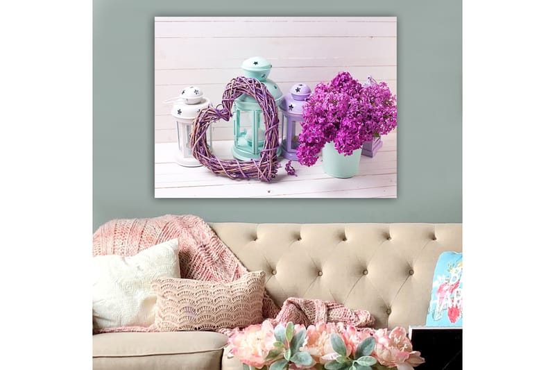 Canvastavla 70x100 cm - Romantisk komposition med ett hjärta av kvistar och en kruka med lila blommor, Lila / Mintgrön / Vit