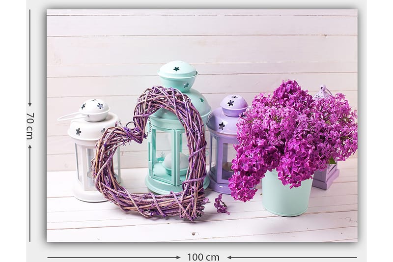 Canvastavla 70x100 cm - Romantisk komposition med ett hjärta av kvistar och en kruka med lila blommor - Lila / Mintgrön / Vit - Inredning & dekor - Tavlor & konst - Canvastavla