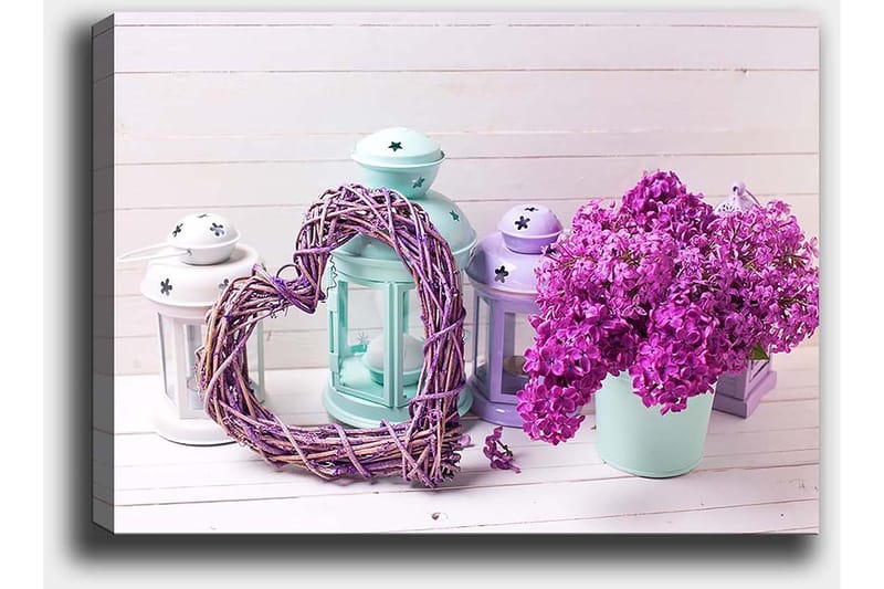 Canvastavla 70x100 cm - Romantisk komposition med ett hjärta av kvistar och en kruka med lila blommor - Lila / Mintgrön / Vit - Inredning & dekor - Tavlor & konst - Canvastavla