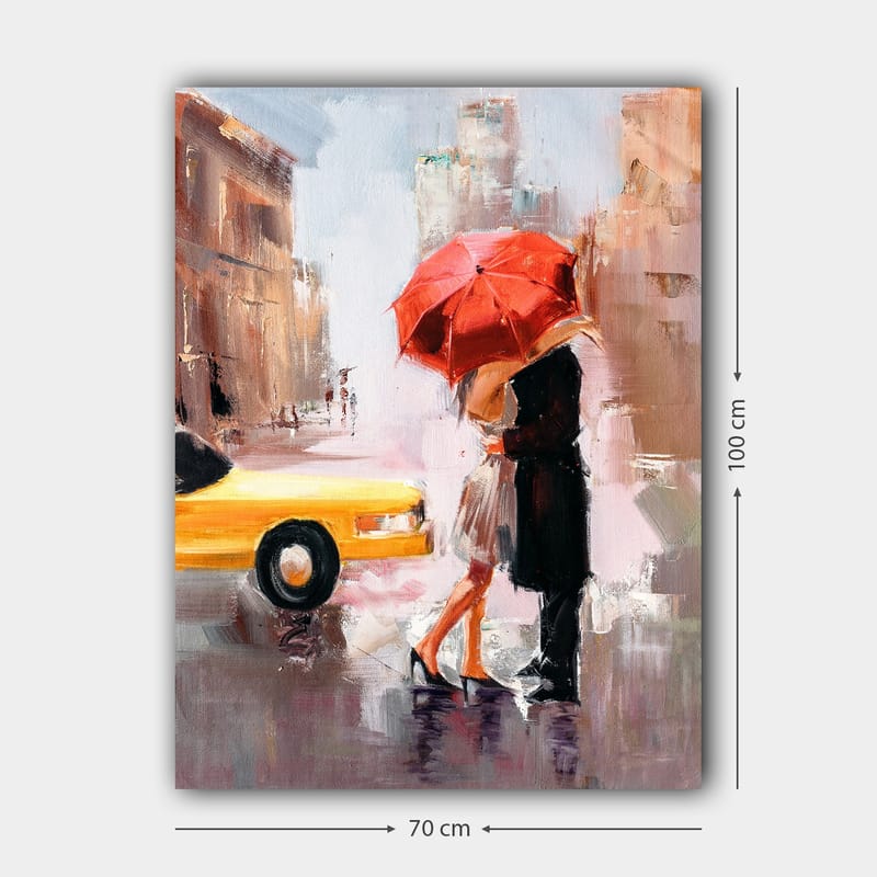 Canvastavla 70x100 cm - Romantisk kyss under ett röd paraply i en stadsmiljö - Röd / Svart / Gul - Inredning & dekor - Tavlor & konst - Canvastavla