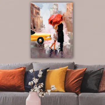 Canvastavla 70x100 cm - Romantisk kyss under ett röd paraply i en stadsmiljö - Röd / Svart / Gul - Inredning & dekor - Tavlor & konst - Canvastavla