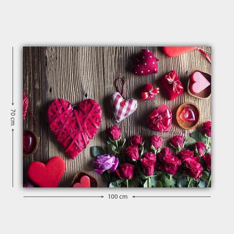 Canvastavla 70x100 cm - Romantisk samling av hjärtformade dekorationer och rosor - Röd / Grön / Rosa - Inredning & dekor - Tavlor & konst - Canvastavla