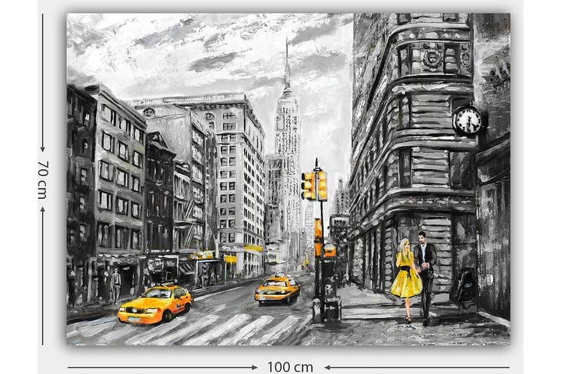 Canvastavla 70x100 cm - Romantisk scen av ett par som promenerar på en livlig gata i New York, omgiven av klassiska byggnader och gula taxibilar - Gult / Svart / Grått - Inredning & dekor - Tavlor & konst - Canvastavla