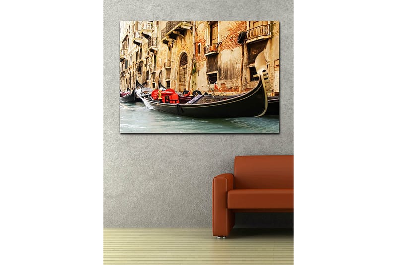 Canvastavla 70x100 cm - Romantisk scen med gondoler som glider fram i en venetiansk kanal - Svart / Röd / Beige - Inredning & dekor - Tavlor & konst - Canvastavla