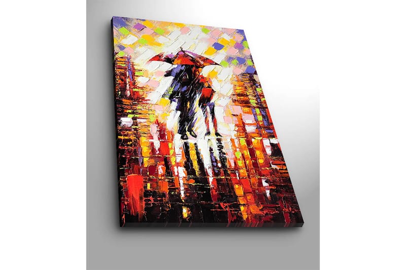 Canvastavla 70x100 cm - Romantisk scen med två personer som delar ett paraply i en regnig stadsmiljö - Röd / Svart / Orange - Inredning & dekor - Tavlor & konst - Canvastavla