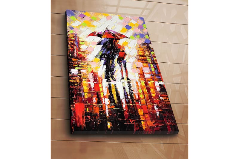 Canvastavla 70x100 cm - Romantisk scen med två personer som delar ett paraply i en regnig stadsmiljö - Röd / Svart / Orange - Inredning & dekor - Tavlor & konst - Canvastavla