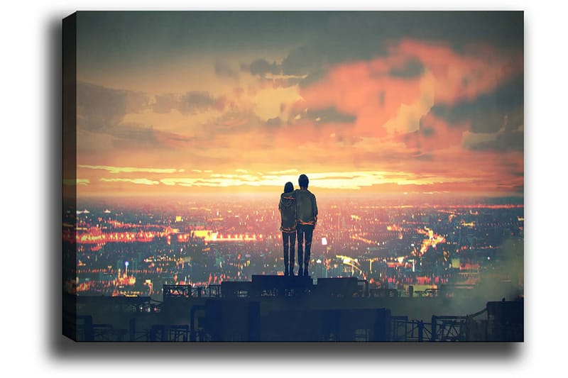 Canvastavla 70x100 cm - Romantisk silhuett av ett par som står tillsammans och beundrar en solnedgång över en stad - Orange / Blå / Svart - Inredning & dekor - Tavlor & konst - Canvastavla