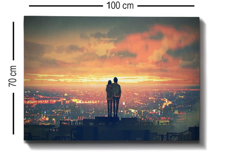 Canvastavla 70x100 cm - Romantisk silhuett av ett par som står tillsammans och beundrar en solnedgång över en stad - Orange / Blå / Svart - Inredning & dekor - Tavlor & konst - Canvastavla