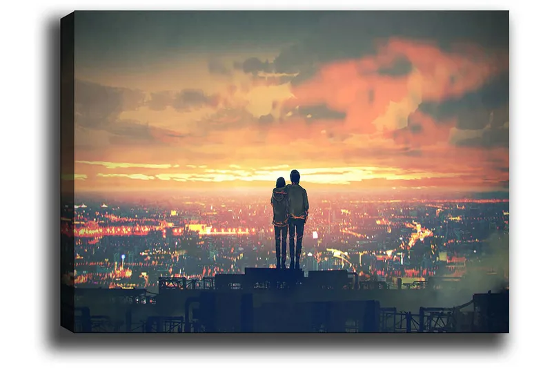Canvastavla 70x100 cm - Romantisk silhuett av ett par som står tillsammans och beundrar en solnedgång över en stad - Orange / Blå / Svart - Inredning & dekor - Tavlor & konst - Canvastavla