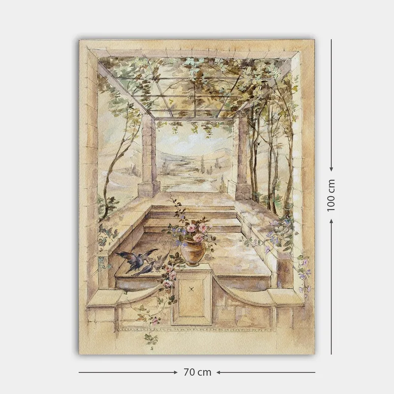 Canvastavla 70x100 cm - Romantisk trädgård med en vacker utsikt och blommor i en vas - Beige / Grön / Rosa - Inredning & dekor - Tavlor & konst - Canvastavla