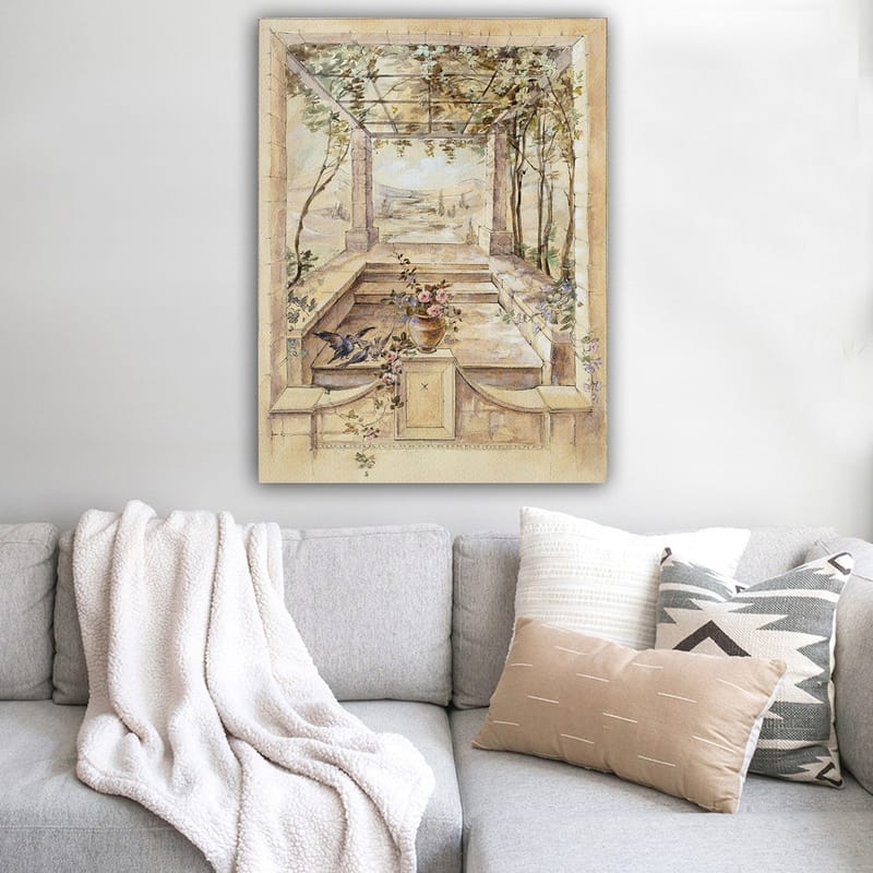 Canvastavla 70x100 cm - Romantisk trädgård med en vacker utsikt och blommor i en vas - Beige / Grön / Rosa - Inredning & dekor - Tavlor & konst - Canvastavla